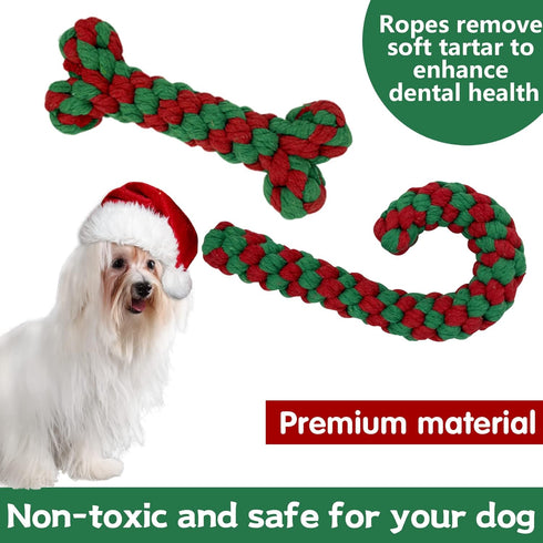 MISS FANTASY Christmas Dog Toys - 4 Pack Stuffless Rope Toys for Aggressive Chewers, Plush Squeaky Teething Toys