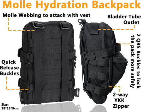 Tactical MOLLE Hydration Pack for 2L Water Bladder, Lightweight Nylon for Hiking, Running, Biking, Climbing