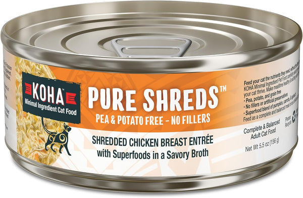 KOHA Pure Shreds Chicken Entrée for Cats, High Protein Wet Cat Food, 5.5oz Cans (Pack of 12)
