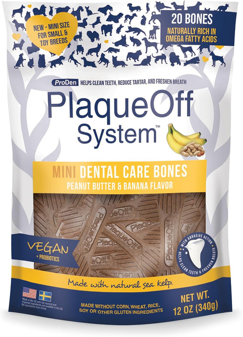 Proden PlaqueOff System Mini Dental Care Bones, Peanut Butter Banana, 12 oz, Brown