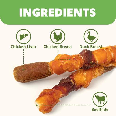MON2SUN 6 Inch 35.27 oz (20 Count-Pack 1) Dog Treats, Triple Flavor Chicken Liver Duck and Chicken Wrapped Rawhide