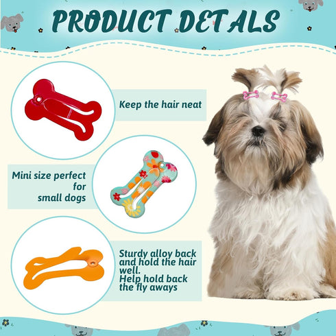 Rimobul 1" Mini Pet Hair Clip, 50 Pieces Dog Hair Clips, Bone Shaped Snap Barrettes, Multicolor, 25 Styles