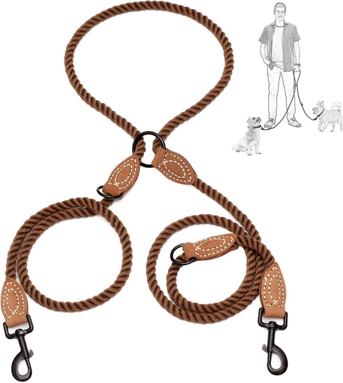 Mile High Life Double Dogs Rope Leash, Dog Slip Lead, 8FT Heavy Duty Metal Clasp, Mountain Climbing Rope with Leather