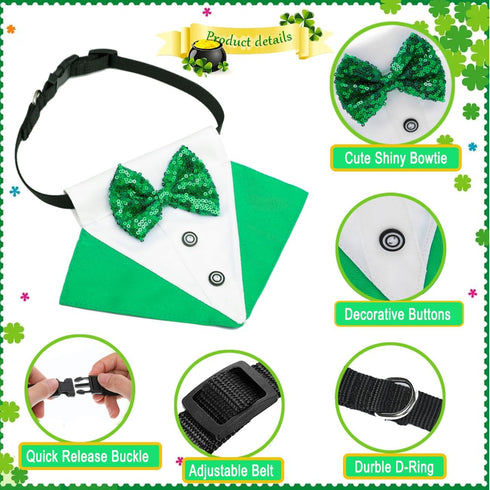 2 PCS St. Patrick's Day Dog Costume Bandana and Top Hat, Green Bow Tie Tux Clothes for Dogs and Cats (Large).