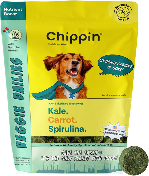 Chippin Natural Dog Treat - Spirulina, Kale, Carrots, Crunchy Vegan Biscuit for Puppies, Seniors, Hypoallergenic