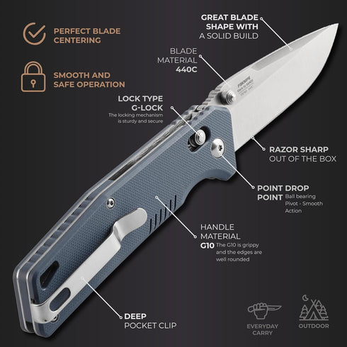 Firebird GANZO F7601 Pocket Folding Knife, 440C Stainless Steel Blade, G-10 Anti-Slip Handle, Grey