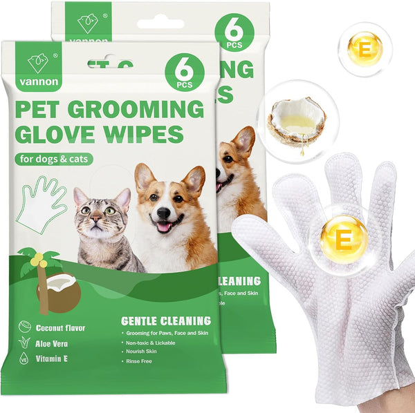 Extra Thick Pet Bathing Wipes for Dogs & Cats, Cleaning & Deodorizing Grooming Gloves, 2 Pack, 12 PCS