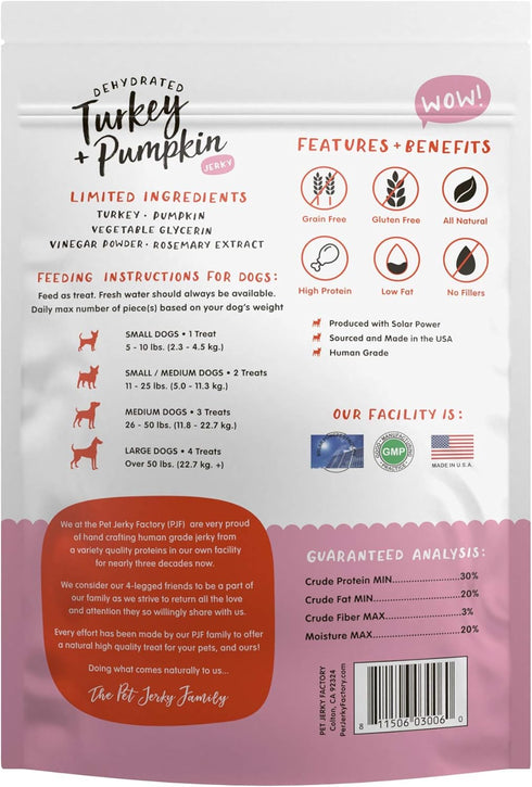 Pet Jerky Factory Premium Turkey and Pumpkin Dog Jerky Treats, 5 oz., 100% Human Grade, Grain Free, High Protein