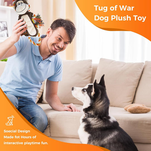 Squeaky Durable Dog Toy for Large Breeds, Tug of War Interactive Toy, Stuffed Plush Monkey with Crinkle Paper