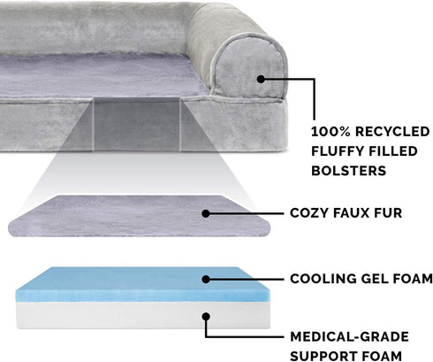 Furhaven Cooling Gel Dog Bed for Medium/Small Dogs, Removable Bolsters, Washable Cover, Faux Fur & Velvet, Smoke Gray