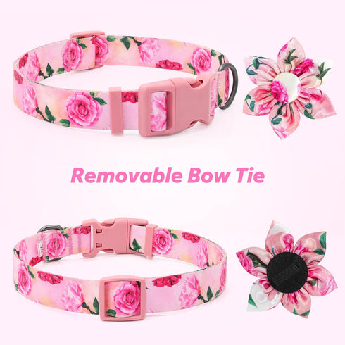 Floral Girl Dog Collar - Pink Dog Collar with Rose Flower Bow Tie for Small, Medium, Large Dogs