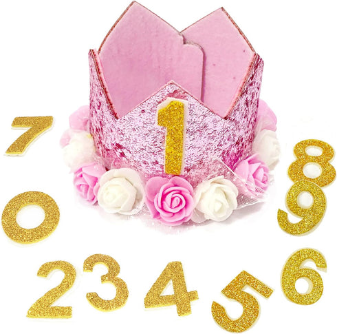Pet Crown - Reusable Birthday Party Crown for Dog & Cat, Pink with 0-9 Figures Charms