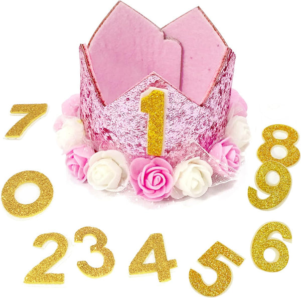 Pet Crown - Reusable Birthday Party Crown for Dog & Cat, Pink with 0-9 Figures Charms