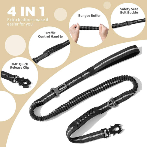 4-6FT Heavy Duty Dog Leash for Large Dogs, Shock Absorbing Bungee with 2 Padded Handles and Car Seatbelt