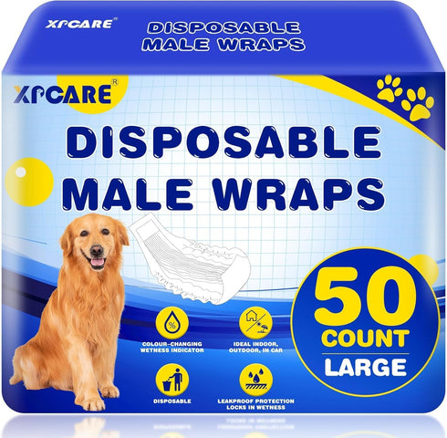 XPCARE 50 Count Disposable Male Dog Diapers, Male Dog Wraps,Super Absorbent Leak-Proof