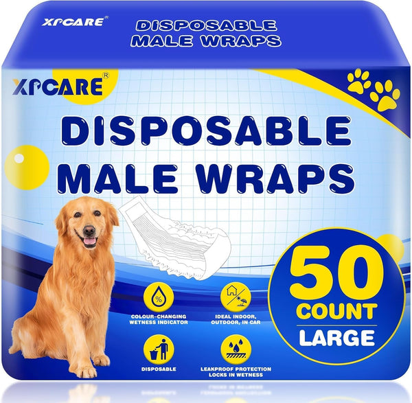 XPCARE 50 Count Disposable Male Dog Diapers, Male Dog Wraps,Super Absorbent Leak-Proof