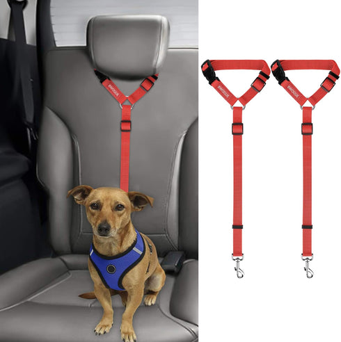 BWOGUE 2 Packs Adjustable Dog Cat Safety Seat Belt Strap Restraint for Vehicle, Nylon Fabric Harness Red