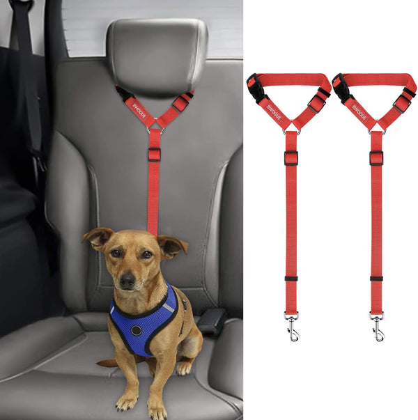 BWOGUE 2 Packs Adjustable Dog Cat Safety Seat Belt Strap Restraint for Vehicle, Nylon Fabric Harness Red
