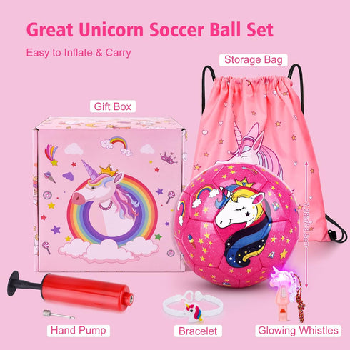 JYPS Size 3 Soccer Ball for Girls, Glitter Unicorn Soccer Ball Gifts for Kids Age 4-8 with Pump & Drawstring Bag