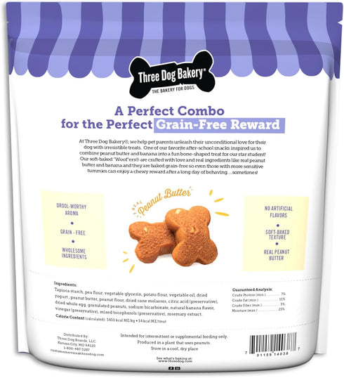 Three Dog Bakery Grain Free Soft Baked Woofers, Peanut Butter & Banana Flavor, Premium Treats for Dogs, 36 Ounce Bulk Resealable Pack (114038)