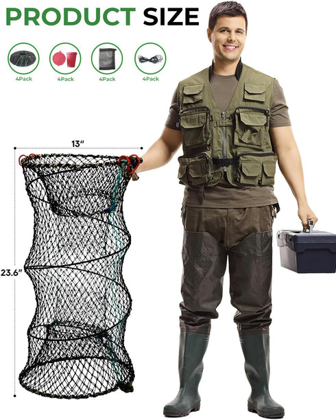 XYCCRX 4Pack 10m Crawfish Trap, Minnow Trap, Collapsible Fish Trap - Foldable Mesh Fishing Net for Crab, Shrimp