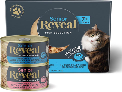 Reveal Natural Grain Free Wet Senior Cat Food, Limited Ingredient Fish Variety Mousse with Flakes, 8 x 2.47 oz