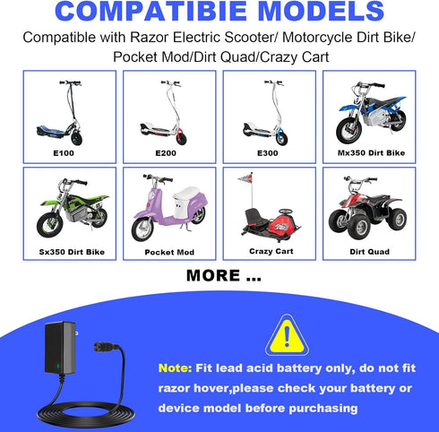 KAVCENT 24V MX350 MX400 PR200, E100 E200 E300 E500 24V 2000mA Electric Scooter Razor Charger for Razor Dirt Bike Dirt