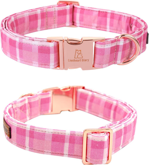 Lionheart Glory Valentine's Day Collar - Pink Plaid Adjustable Heavy-Duty Dog Collar for Medium Cute Spring Pet Gift.