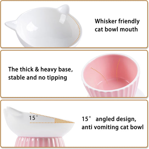 Ceramic Raised Cat Bowl, Tilted Anti Vomit Feeder for Indoor Cats, Microwave & Dishwasher Safe