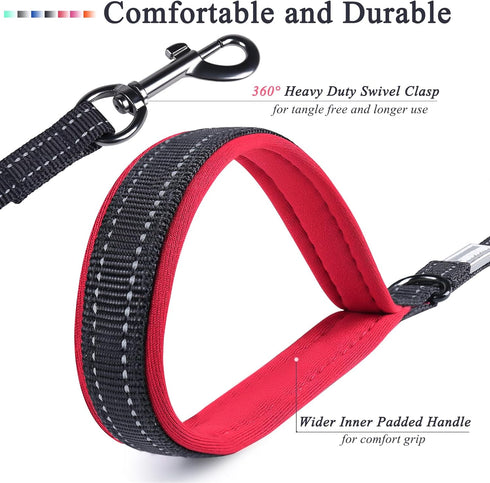 VIVAGLORY Traffic Handle Dog Leash, Two Padded Soft Handles, Strong Reflective & Metal Hook Training Lead - Black