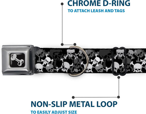 Buckle-Down Dog Collar Seatbelt Buckle, Top Skulls Stacked Black Gray White, 11 to 17 Inches, 1.0 Inch Wide