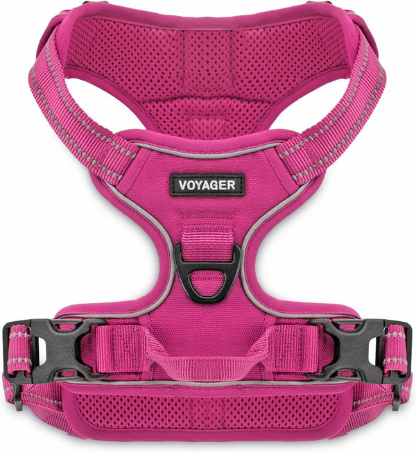 Voyager No Pull Dog Harness for Large Dogs - Adjustable Soft Pet Harness with Dual Leash Attachments, Fuchsia, L