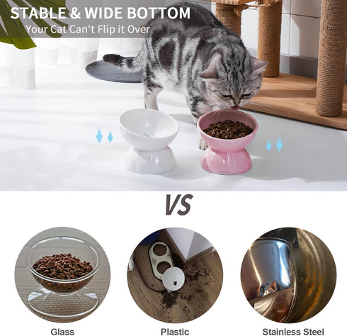 OMAYKEY Ceramic Raised Cat Bowls, Tilted Elevated Food and Water Bowls for Cats and Small Dogs, White & Pink, Set of 2