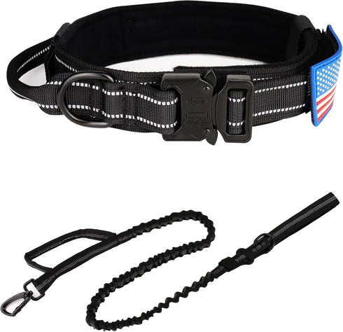 KCUCOP Tactical Dog Collar with Handle, Adjustable Military Collar with Metal Buckle and Patches for Large Dogs