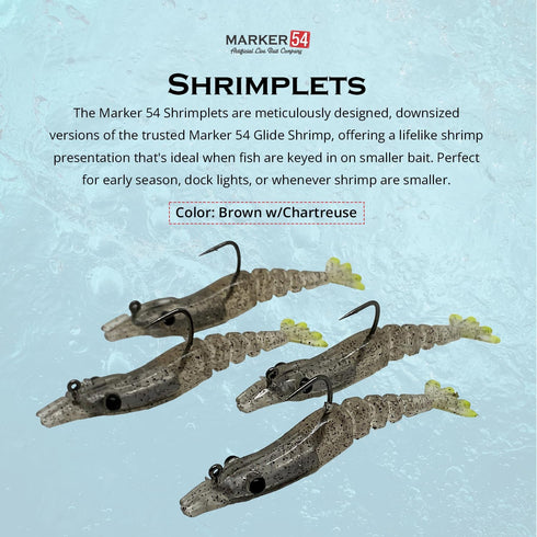 1/8 oz, 2.5" 4 Count Shrimplets | TPE Pre-Rigged with UV Glow | Small Shrimp for Under a Popping Cork | Redfish, Snook