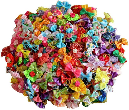 50pcs Dog Hair Accessories, Rhinestone Pearls Bowknots with Rubber Bands, Topknot Bows for Cute Styling