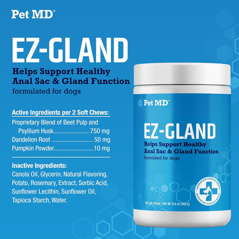 Pet MD EZ Gland - Dog Anal Gland Chews with Pumpkin and Fiber for Digestive Support, 60 ct Soft Chews