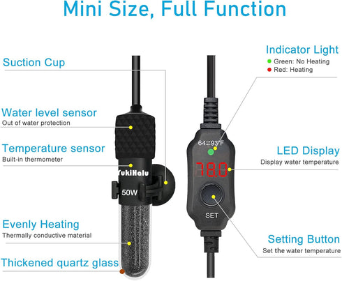 YukiHalu Adjustable Mini Fish Tank Heater, Small Submersible Aquarium Heater 25W 50W 100W 200W 300W with External