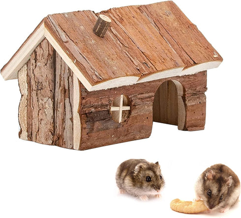 Hamster Wooden Hideout House - Natural Climbing Play Hut for Dwarf Hamster, Small Mouse, Rat, and Gerbil