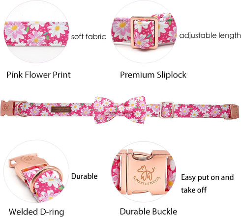 Elegant Little Tail Dog Collar with Bow, Pink Floral Adjustable Collar for X-Large Dogs