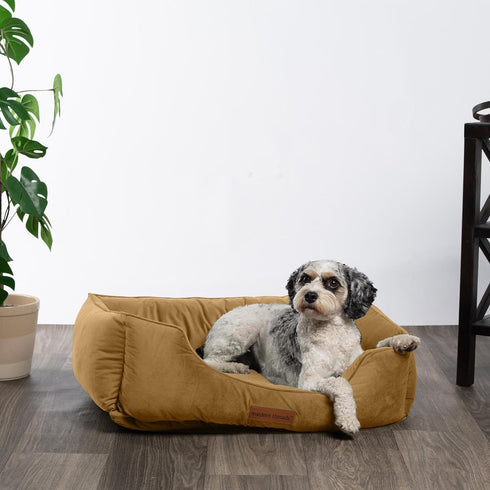 Modern Threads Luxury Dog Bed, Comfortable Tufted Velvet Cushion for Small to Large Dogs, Machine Washable, Caramel