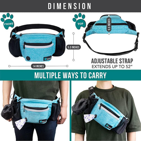 PetAmi Dog Fanny Pack, Treat Pouch for Walking, Built-in Poop Bag Dispenser, Water Bottle Holder (Turquoise)