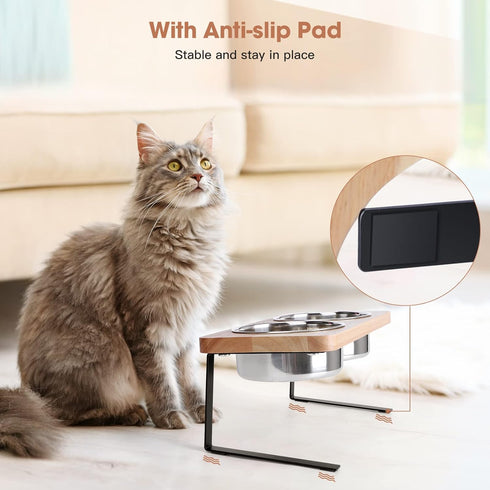 Elevated Cat Bowls, 15° Tilted Raised Wood Pet Bowls with Stand, Anti Vomiting 2 Stainless Steel Bowls for Cats