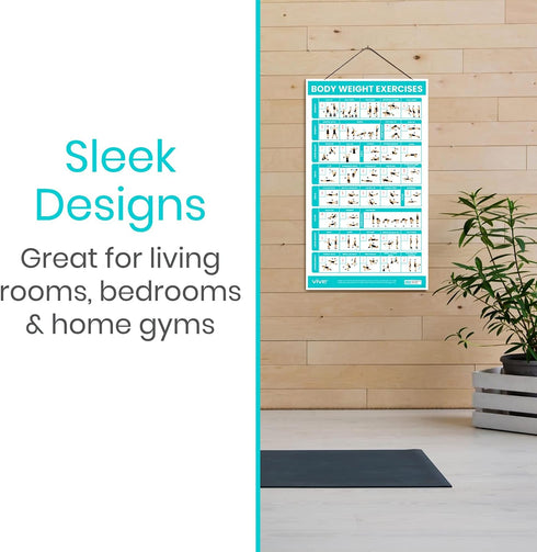Vive Workout Posters (3 Pack) - Bodyweight, Yoga, Stretching Exercise Guide for Home Fitness, Laminated Illustrations