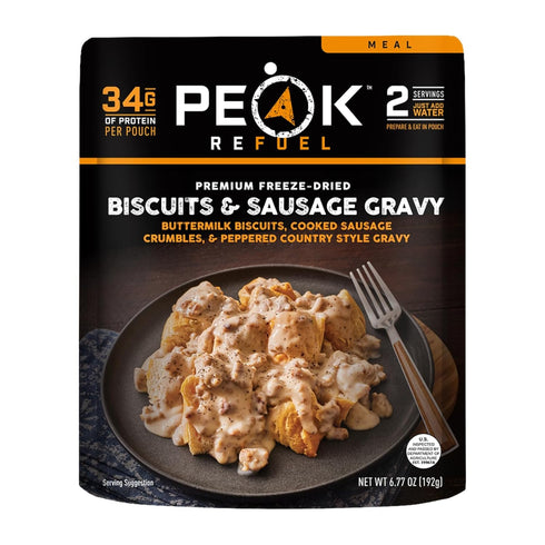 Peak Refuel Biscuits and Gravy, Premium Freeze Dried Camping Food, 2 Serving Pouch, Just Add Water, 34g Protein, Real