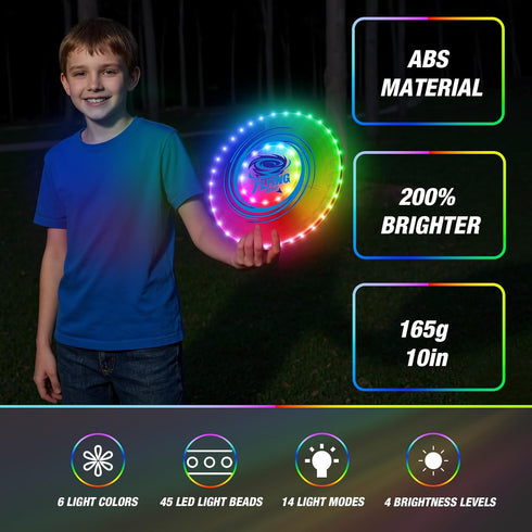 2 Pack 45 14 HYES Light up Flying Discs for Kids, LEDs, Lighting Modes, Rechargeable Glow in The Dark Flying Ring