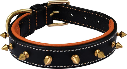 Genuine Leather Spike Dog Collar, 1" Wide, Full Grain Heavy Duty, Comfortable Inner Padded for Small Breeds (S, Fit