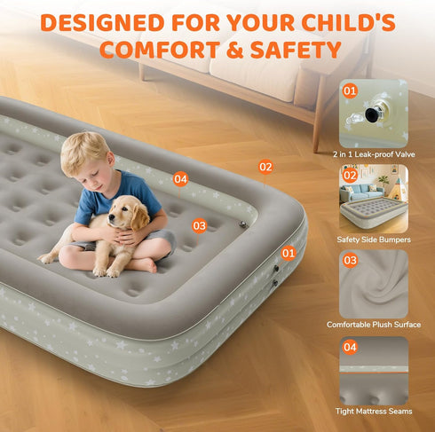 60") Inflatable Toddler Travel Bed: Portable Blow Up Travel Toddler Bed with Safety Sides - Toddler Air Mattress