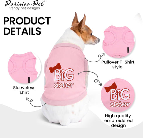 Parisian Pet Dog T-Shirt with 'Big Sister' Embroidery, Breathable Sleeveless Vest, Pink for Medium Dogs