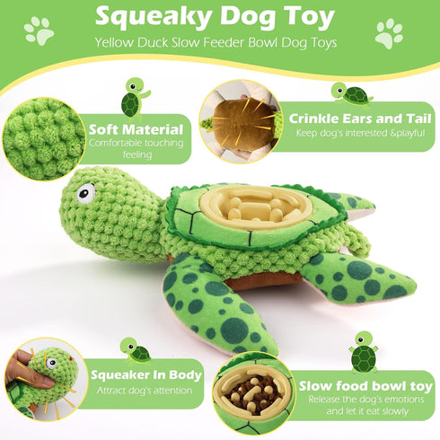 ZYBDP Interactive Dog Toy, Green Turtle Plush with Slow Feeder Bowl, Squeaky Chew Toy